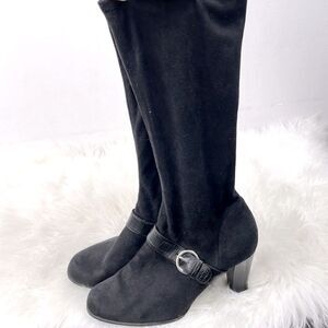 Predictions | black suede buckle stretchy boots 3” heel ,tall under knee…